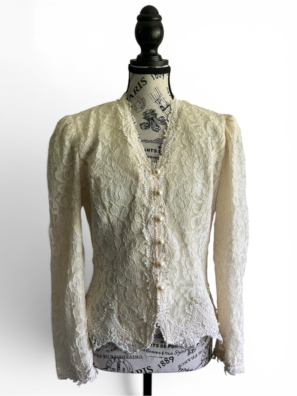🇨🇦 Vintage Galleria Lace Jacket Ivory Pearl Button Victorian Bridal Cottagecore